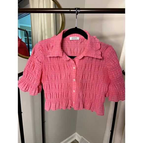 Sandro Janelle Stripe Smocked Cropped Blouse size XS - Picture 2 of 6